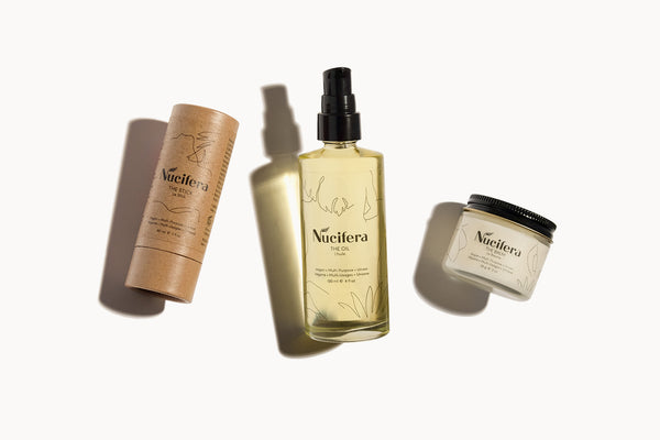 Nucifera The Essentials all natural skincare product family